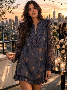 Coach Floral Silk Dress Grey Lace Sleeve Mini Size 2 Romantic Boho Dark Romantic